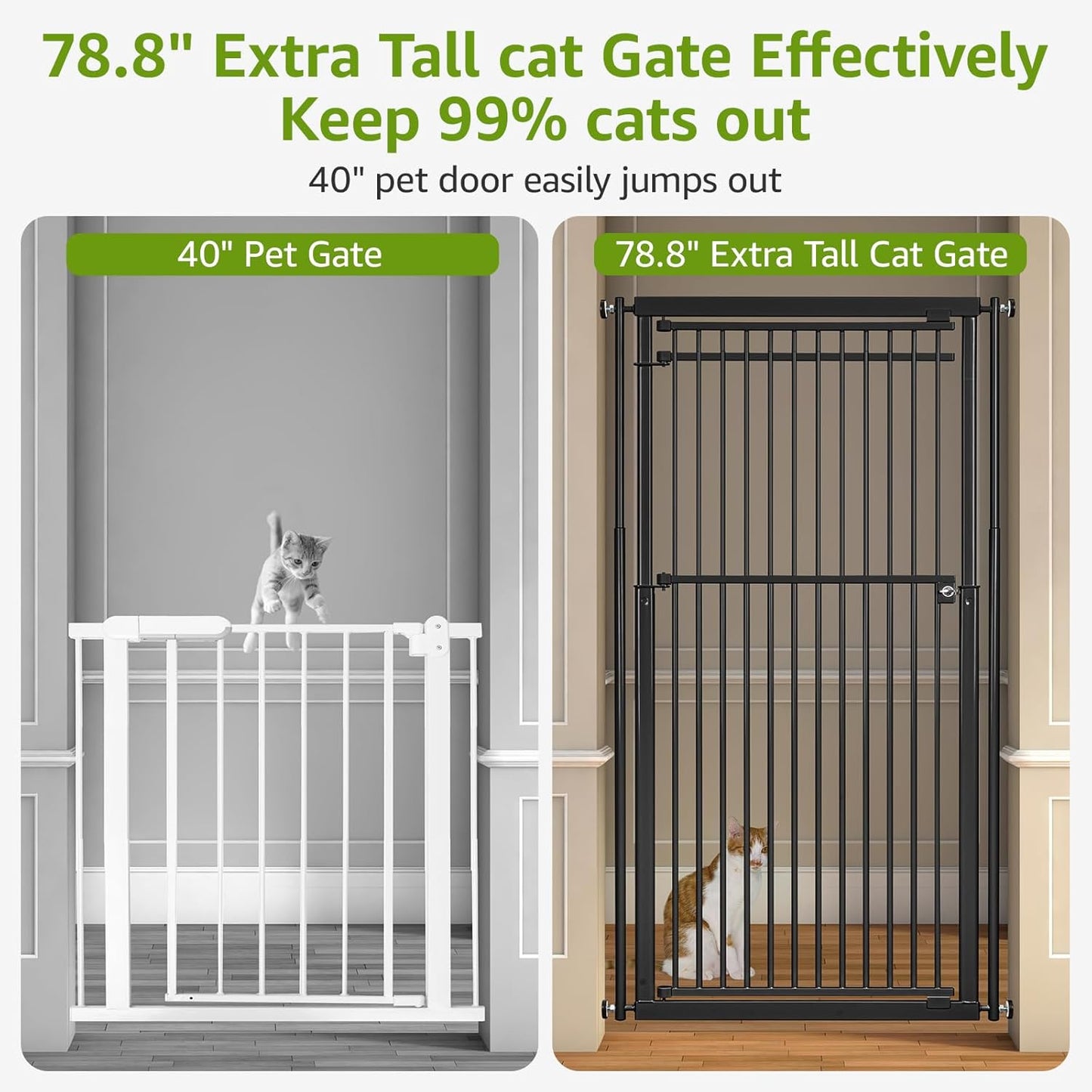 78.8" Extra Tall Cat Gate, 28.3-33" Wide Safety Metal Cat Door, Pressure Mounted Easy Walk Through Pet Gate with Door for Stairs, Doorways, Black