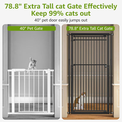 78.8" Extra Tall Cat Gate, 28.3-33" Wide Safety Metal Cat Door, Pressure Mounted Easy Walk Through Pet Gate with Door for Stairs, Doorways, Black