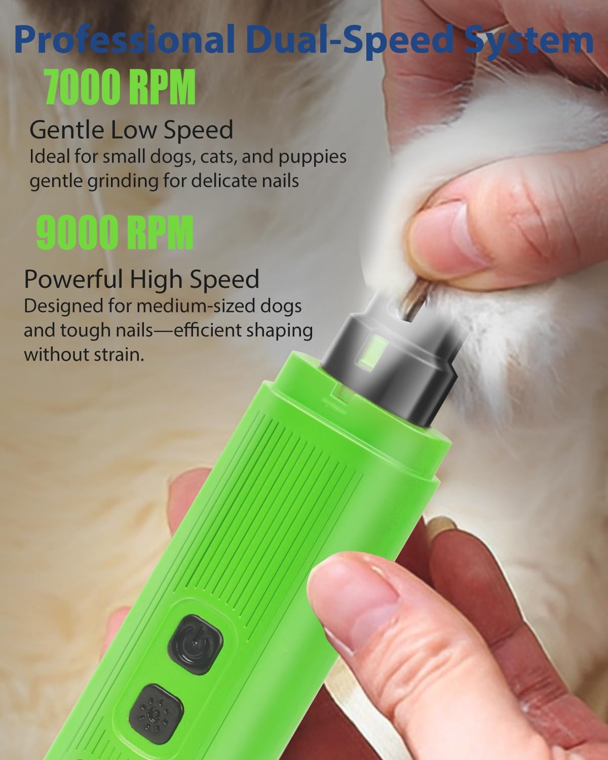 Electric Dog Nail Grinder with 2 Level LED Lights, 2 Speed 30dB Super Quiet and Low Vibration Turbo Charge Pet Nail Grinder for Small Dogs and Cats - White