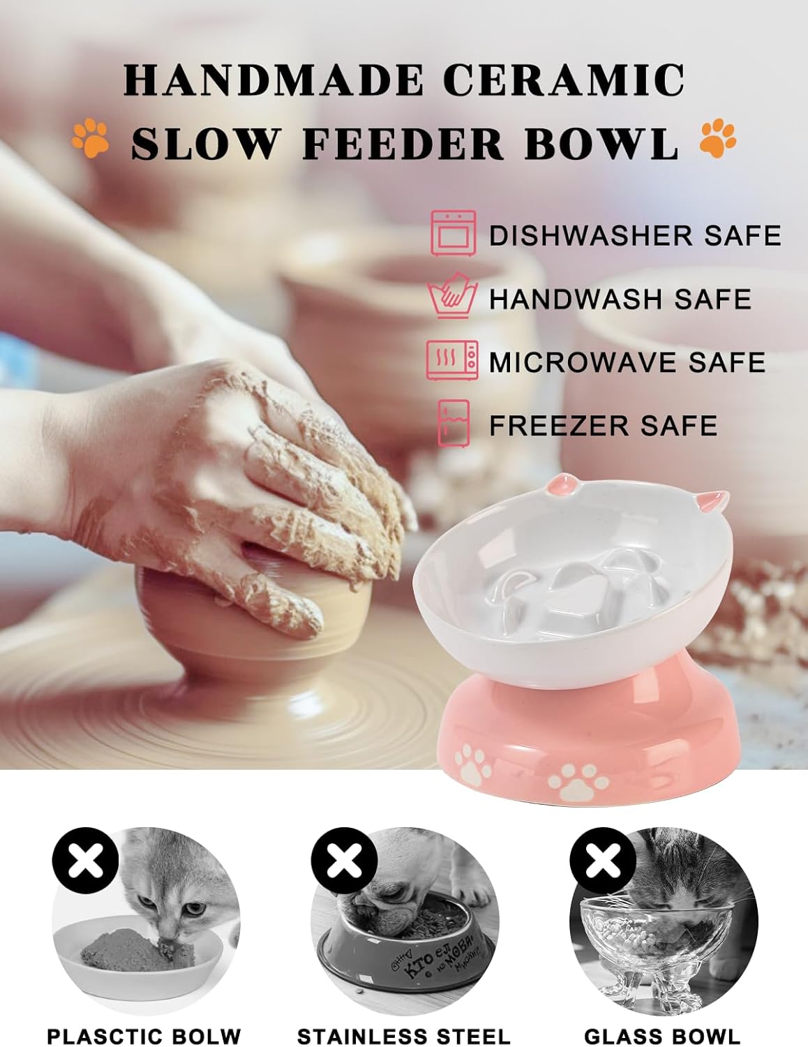 Y YHY Ceramic Cat Slow Feeder, Elevated Dog Food Bowl Tilted Design, Slow Feeder Bowl no Black Chin, Cat Shape for Dry and Wet Food