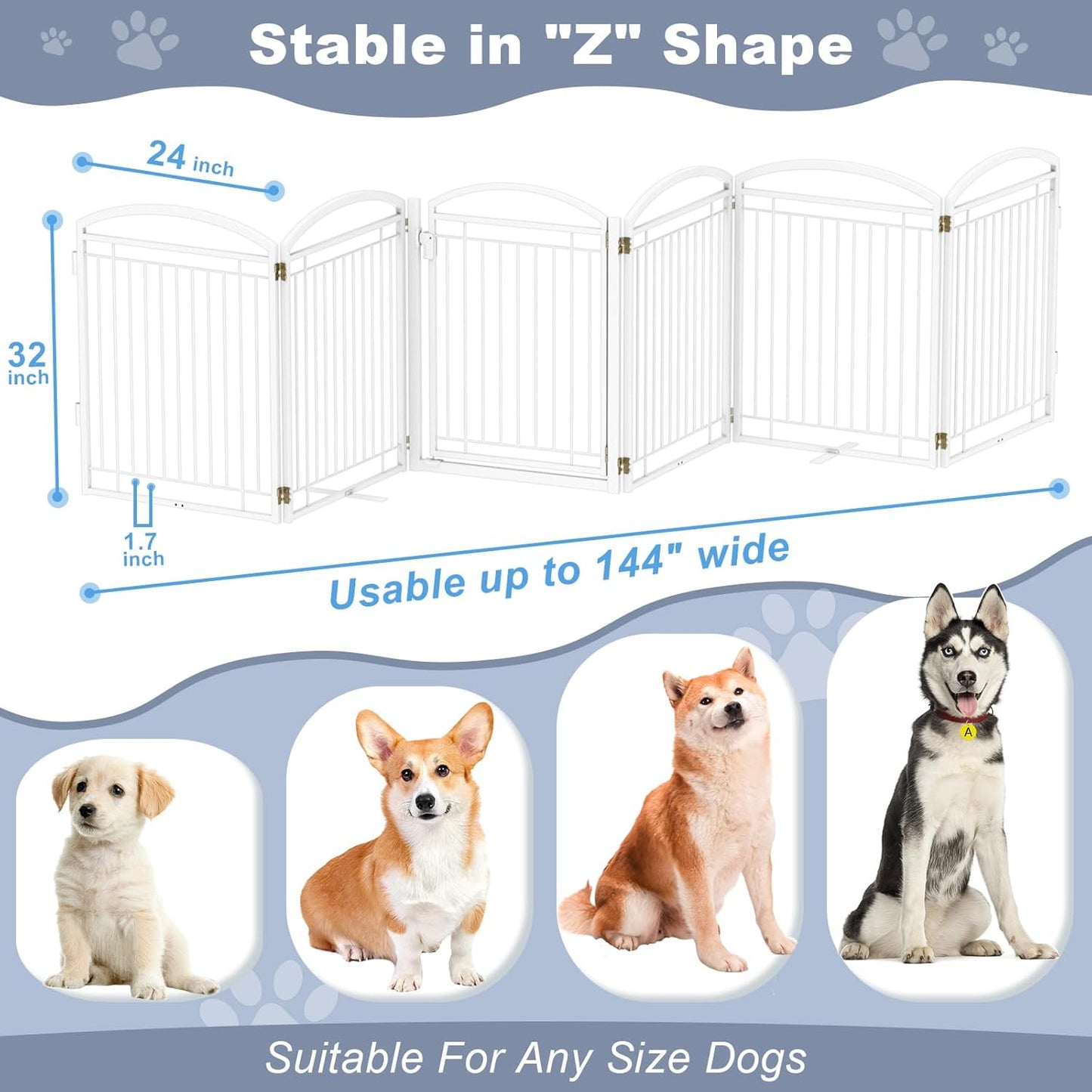 Full Metal Free Standing Dog Gate with Door for Indoor & Outdoor,96'' Extra Wide 32'' Tall Dog Gate for The Doorways,Large Openings,Decks,Porch,Pet Freestanding Safety Fence(4 Panels,Black)