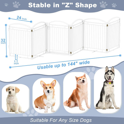 Full Metal Free Standing Dog Gate with Door for Indoor & Outdoor,96'' Extra Wide 32'' Tall Dog Gate for The Doorways,Large Openings,Decks,Porch,Pet Freestanding Safety Fence(4 Panels,Black)
