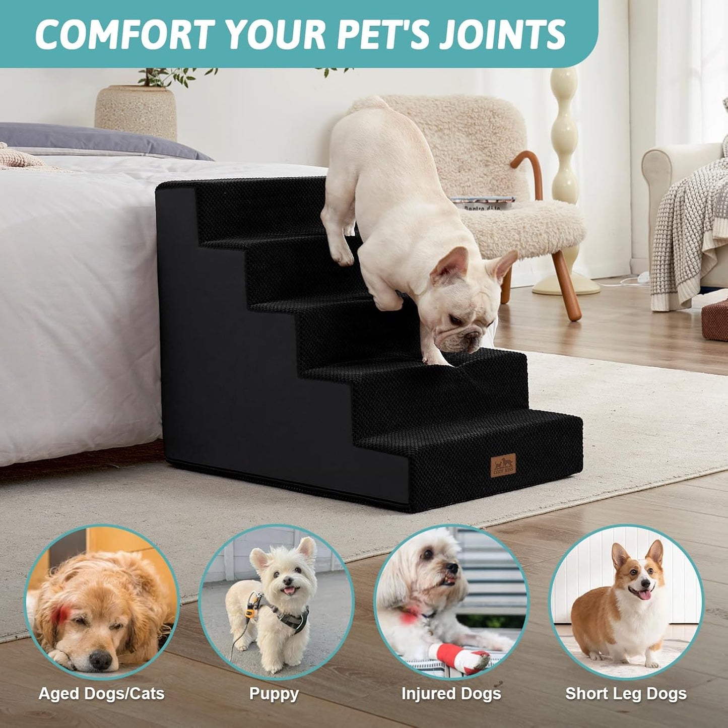 COZY KISS Dog Stairs for Small Dogs, 4 Tier Wider Pet Stairs for Couch and Beds, 17.7" H Non-Slip Dog Steps for Old Cats, Puppy, Small Medium Dogs, 17.7x23.6x17.7 inch, Beige