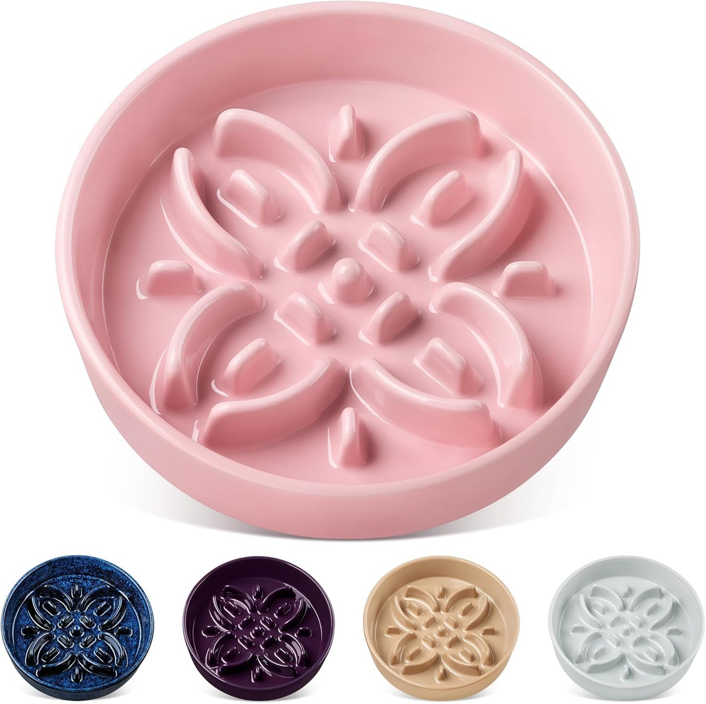 vancasso Ceramic Slow Feeder Dog Bowls, Puzzle Dog Food Bowls with Floral Maze, Anti -Slip Pet Food Dish for Small Breed, 0.6 Cups, Pink
