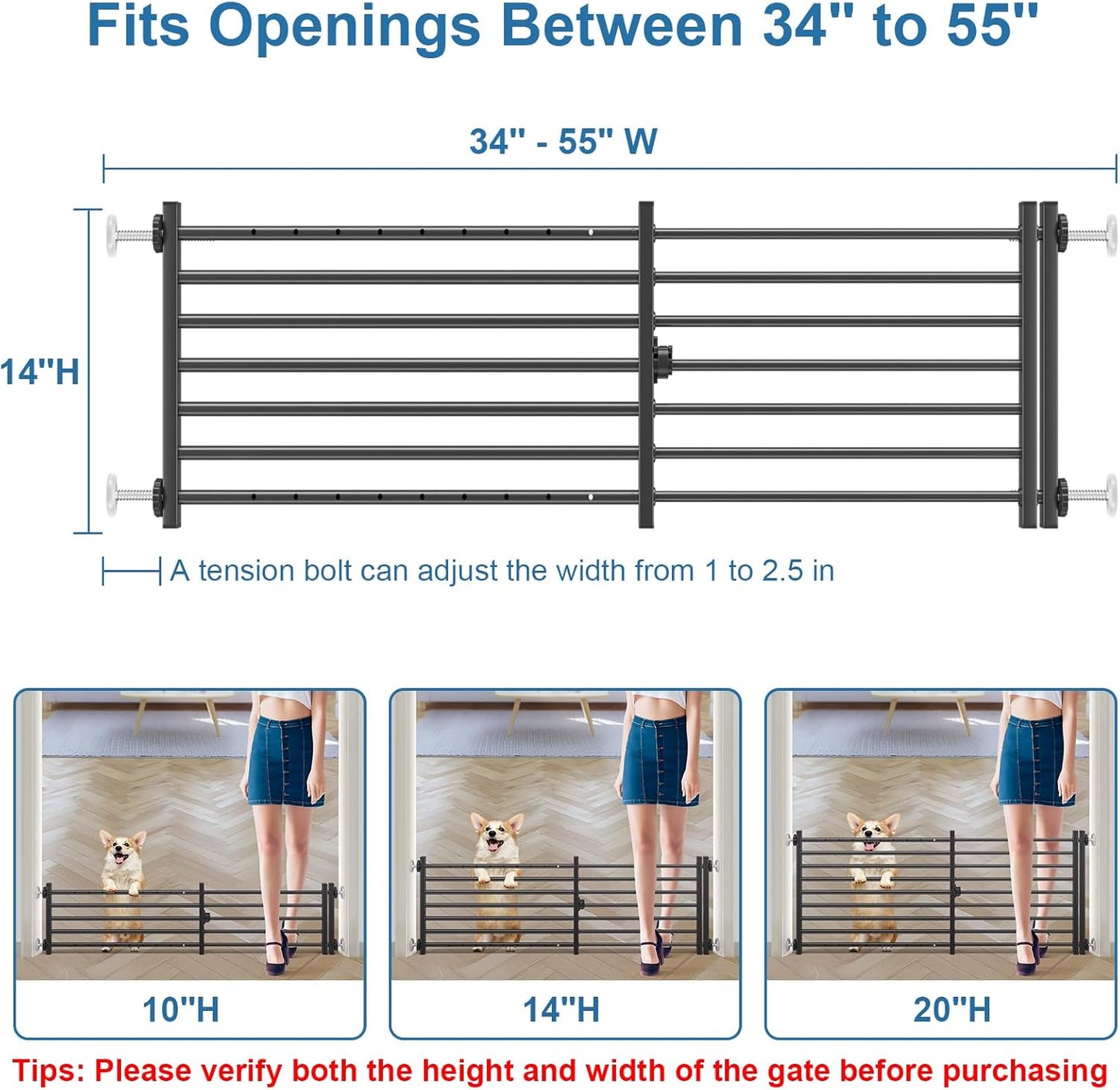 Malier Indoor Dog Gate with Door, 26-41" Extra Wide Full Metal Pet Gate Short Dog Gate for Stairs, Pressure Mount 10'' Tall Small Puppy Low Gate Easy Step Over for Doorways