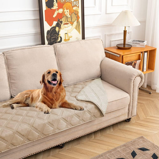 fuguitex Waterproof Dog Blanket, Pet Friendly Reversible Throw Essential for Small Dogs, Tear Resistant Leakproof Washable Couch Cushion Bed Protector Cover for Indoor Furniture（30"*70",Beige+Cream