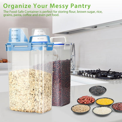 Viretec Rice Airtight Storage Container, 3 to 5Lbs Cereal Dry Food Flour Bin, Pet Dog Cat Food Dispenser with Measuring Cup, BPA Free Clear Plastic Kitchen and Pantry Organization Bin for Sugar