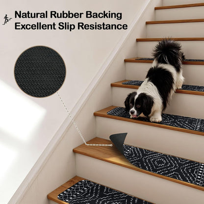 OJIA Boho Stair Treads Non-Slip Stair Runners for Wooden Steps Indoor 15PCS 30"x8" Washable Carpet Stair Treads Stair Mats Staircase Step Treads for Kids, Elders and Dogs, Stair Covers, Black