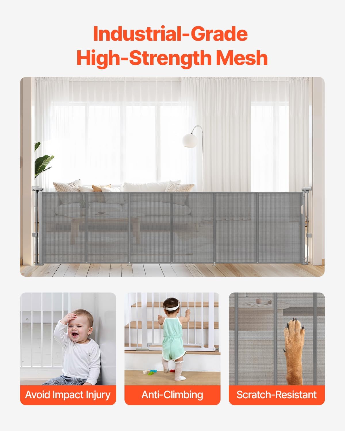 VEVOR Retractable Baby Gate, 34 inch Tall, Extends up to 110 inch Wide, Retractable Gate for Kids or Pets, Mesh Material, Easy to Install for Indoor Stairs, Doorways, Hallways, Playrooms, Gray