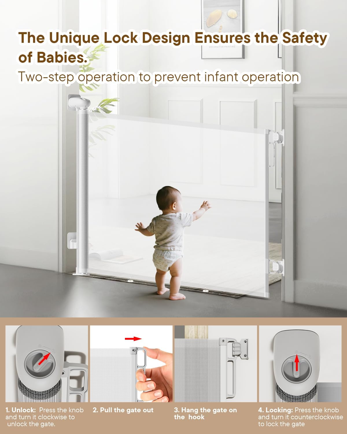 Retractable Baby Gate - 55" Wide Mesh Pet Gate with Anti-Crawling Hook, Safety Lock, One-Hand Operation, 34" Tall Baby Gate for Stairs, Doorways, Hallways, Garage, Indoor Outdoor, Black