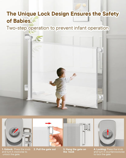 Retractable Baby Gate - 55" Wide Mesh Pet Gate with Anti-Crawling Hook, Safety Lock, One-Hand Operation, 34" Tall Baby Gate for Stairs, Doorways, Hallways, Garage, Indoor Outdoor, Black