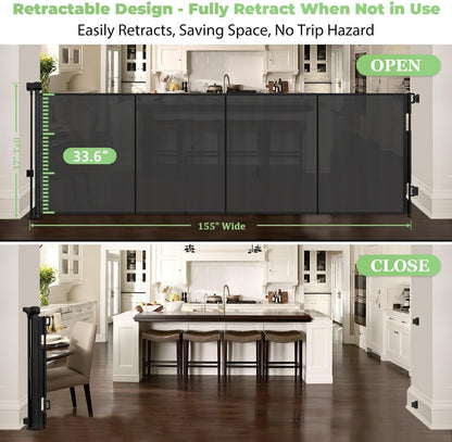 96 Inch Wide Reinforced Retractable Baby Gate with Support Rods, Extra Long Dog Gate Retractable Gate Outdoor Gates for Decks, Prevent Crawling Under Extra Long Baby Gates for Large Openings, Black