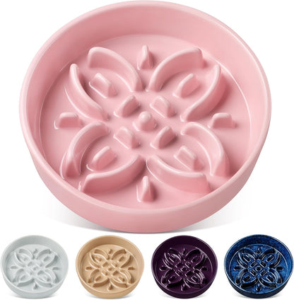 vancasso Ceramic Slow Feeder Dog Bowls, Puzzle Dog Food Bowls with Floral Maze, Anti -Slip Pet Food Dish for Small Breed, 0.6 Cups, Pink