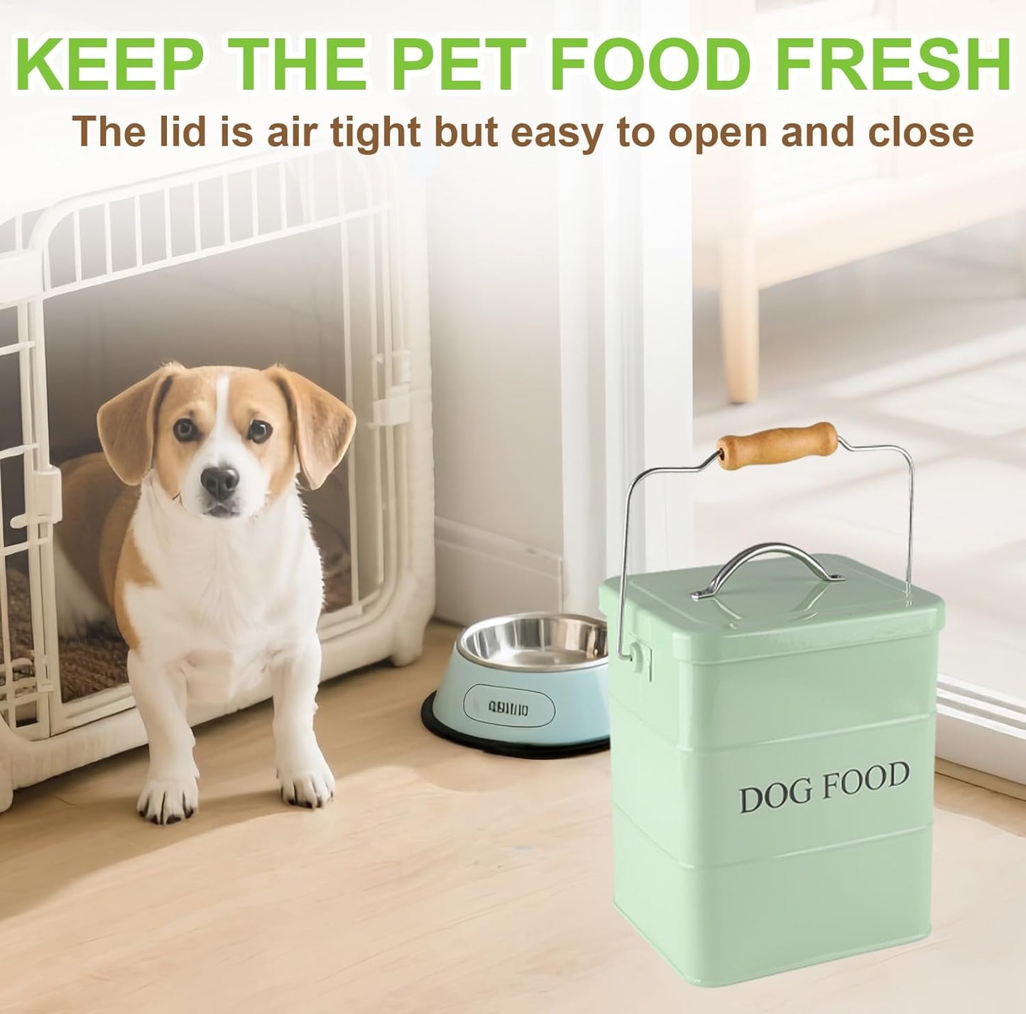 Dog Food storage container Dog Treats Jar,5~6 lb Metal food treats tin for Dog, pet snacks Canisters with wooden lid/handle/sevice scoop-Green