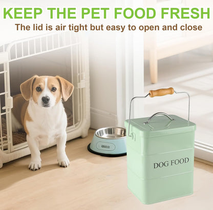 Dog Food storage container Dog Treats Jar,5~6 lb Metal food treats tin for Dog, pet snacks Canisters with wooden lid/handle/sevice scoop-Green