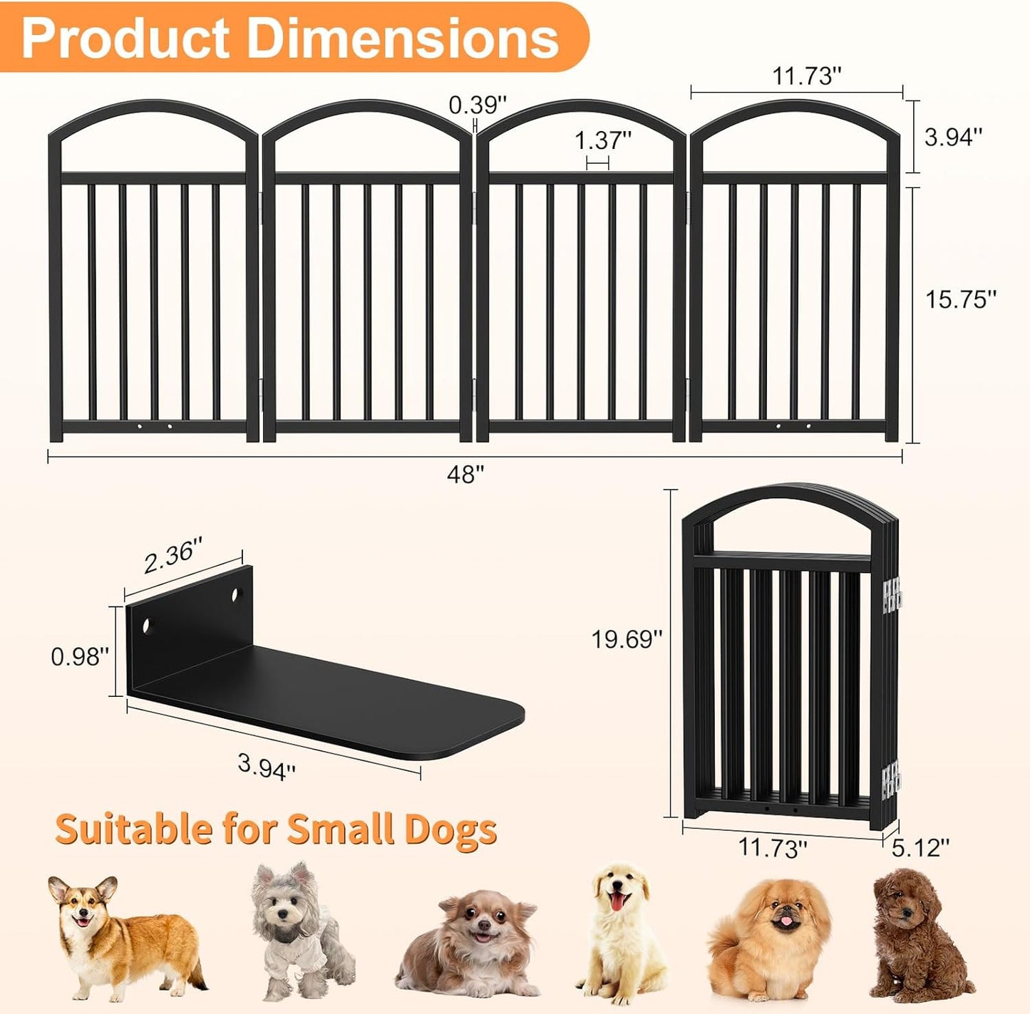 Snughome Short Dog Gate Indoor, 19.69" H Freestanding Small Dog Door Gates with Support Feet, Expands Up to 48" Wide Foldable Pet Gates for Doorway, 4 Panel Folding Pet Door Pet Fence for Puppy, White