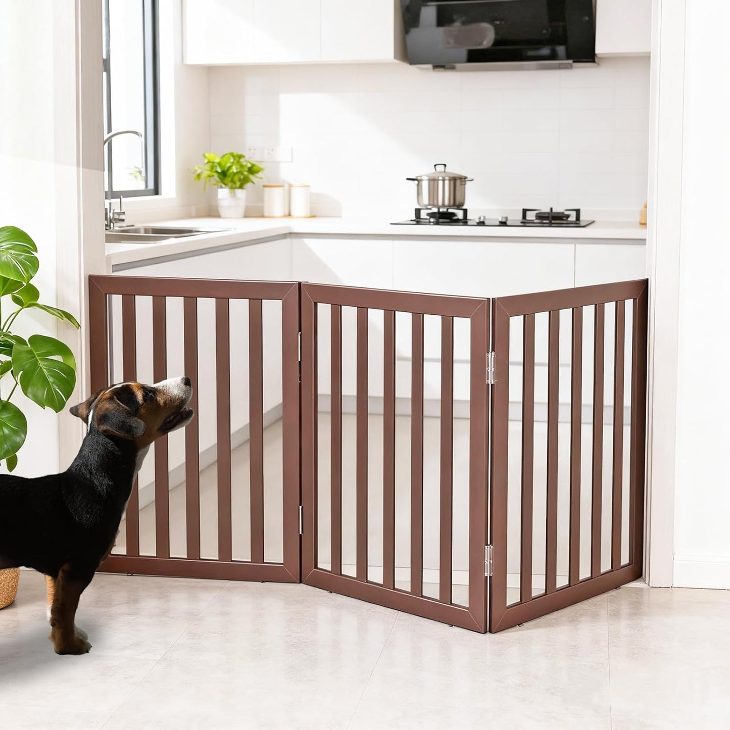 ZJSF Freestanding Indoor Dog Gate for House Foldable Wood Brown Puppy Gate for Doorways Pet Gate for Stairs Extra Wide Pet Fence 24" Height 2 Panels