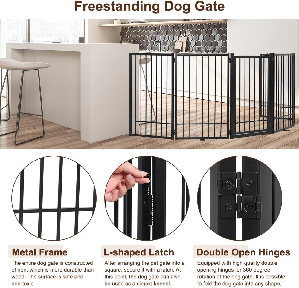 Metal Freestanding Dog Gate with Door, Extra Wide 81", 31" Height Foldable Dog Gates for Doorways, Tall Pet Fence Indoor Pet Gates, 4 Panels Pet Barrier for Stairs Hallways, Black