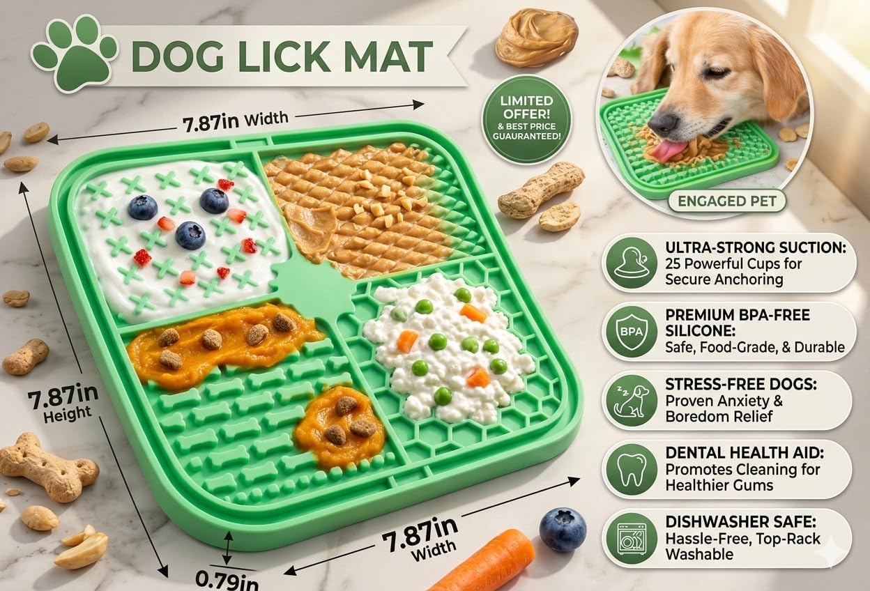 Lick Mat for Dogs and Cats, Food Grade Silicone Slow Feeder Mat with Strong Suction for Grooming, Bathing and Anxiety Relief, BPA-Free Pet Feeding Mat for Dental Care