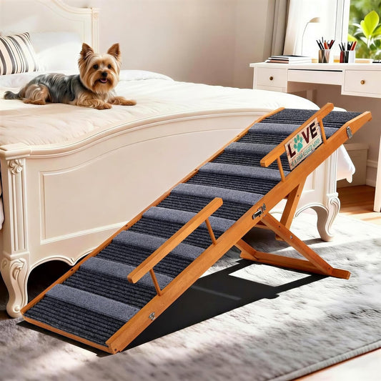 Pawaboo Dog Ramp for Small Dog, 57'' Foldable Dog Ramp for Bed, 5 Adjustable Height from 19.7'' to 30'', Portable Stable Pet Steps with Dogs Tag & Safety Side Rails, Pet Ramps for Bed Couch