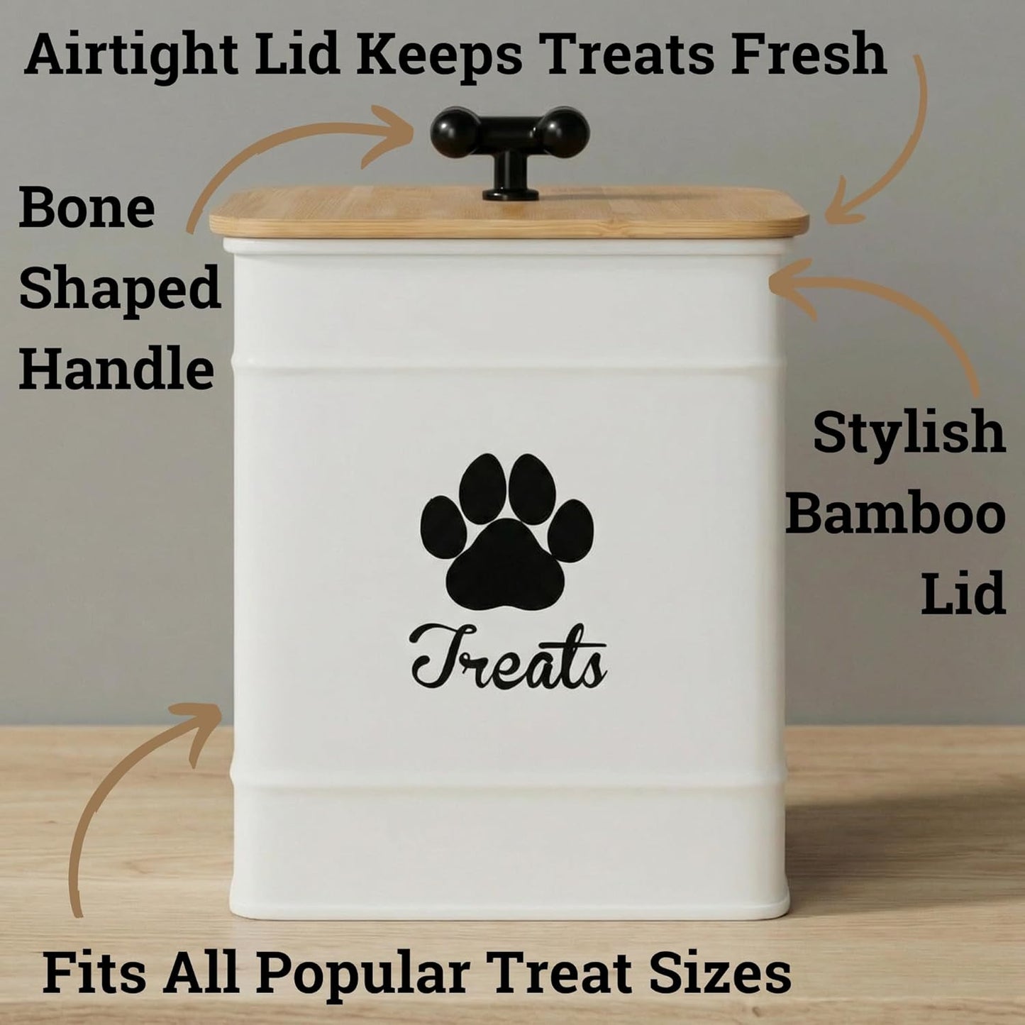 Dog Treat Container Airtight - 6 Inch Wide x 8 Inch Tall Iron Dog Treat Jar for Kitchen Counter with Airtight Bamboo Lid - 12 Cup Capacity Pet Treat Container - Doggie Cookie Jar - Big Treats Canister