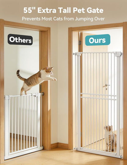 No Pawblems 55" Extra Tall Pet Gate for Cat/Dog, 29-40" Wide Auto Close Tall Dog Gate for Doorways/Hallways, 1.37" Ultra Narrow Spacing, NO Drilling Pressure Mounted, Black