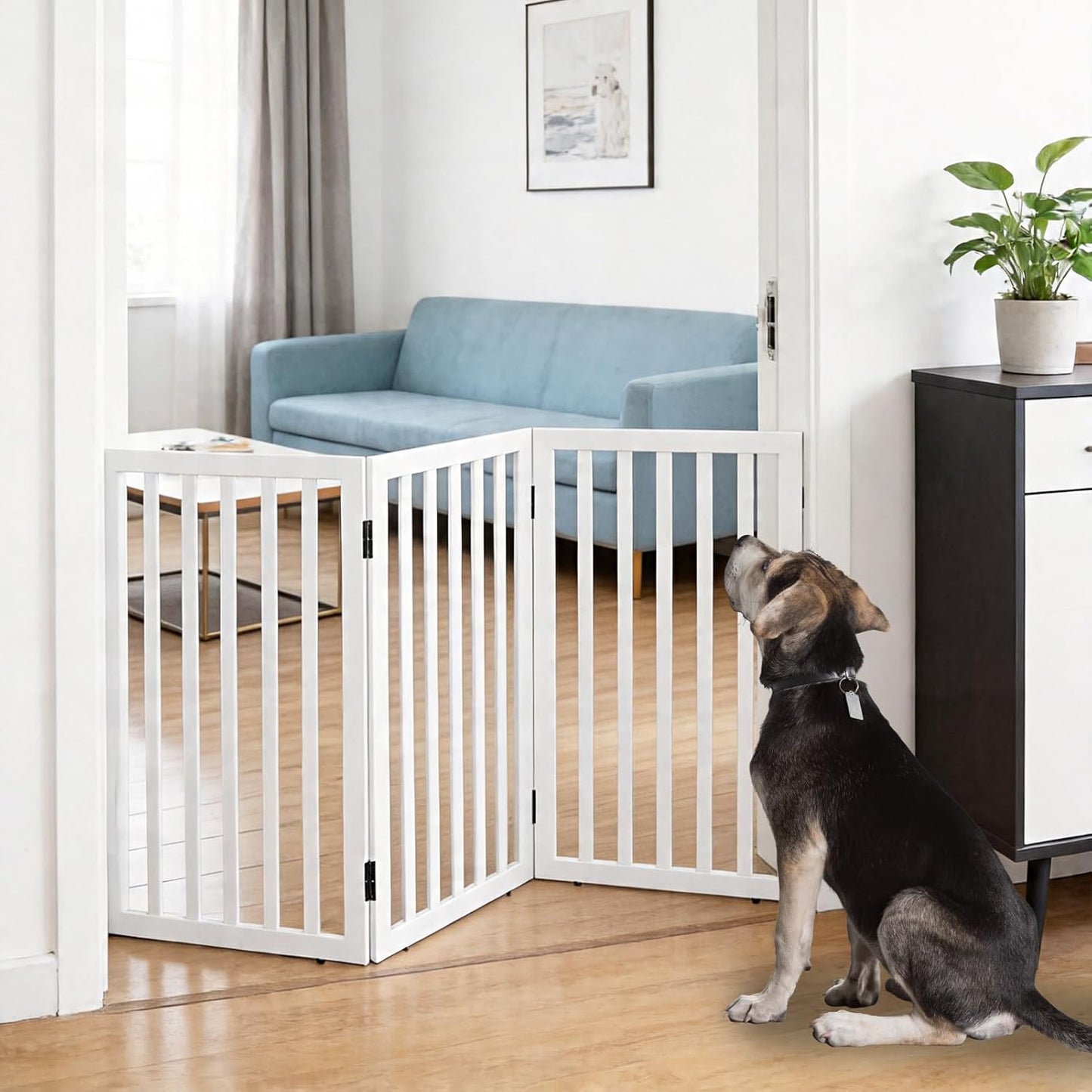 Dog Gate Indoor, Freestanding Dog Fence for The House, Doorways, Hallways,or Stairs,Pet Gate Foldable Wooden,Expandable 24" Height 3 Panels,White