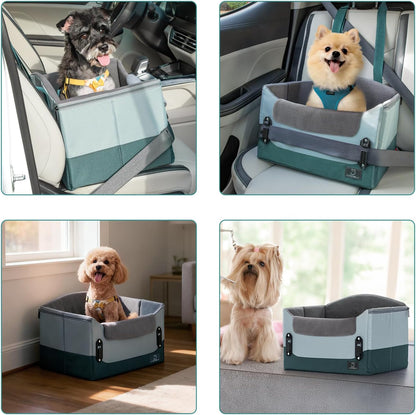 A 4 Pet Dog Car Seats for Small Dogs Under 25lbs – Safety Travel Booster Seat with Patent Buckles, Adjustable Leash – Reduces Anxiety & Road Trips – Frame Support for Cars, SUV, Pickup