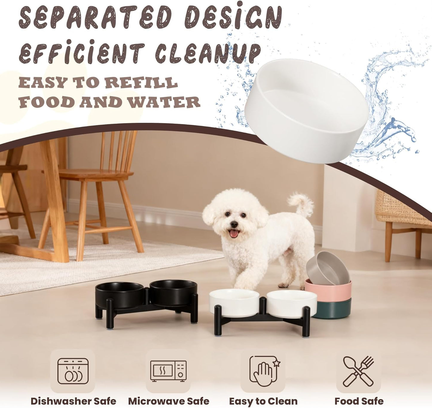 Raised Ceramic Dog Bowl Set - Elevated Double Dishes with Stainless Steel Stand - Food and Water Bowls for Small to Medium Dogs - Each Holds 3.5 Cups (29.57 fl oz) - White