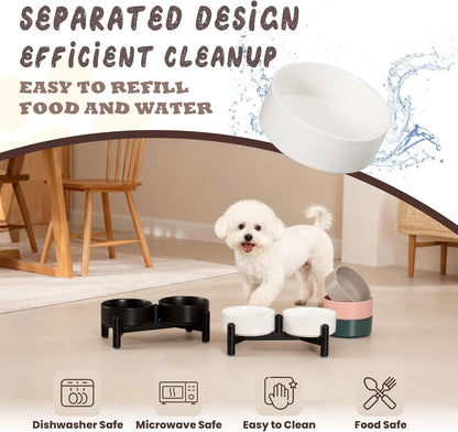 Raised Ceramic Dog Bowl Set - Elevated Double Dishes with Stainless Steel Stand - Food and Water Bowls for Small to Medium Dogs - Each Holds 3.5 Cups (29.57 fl oz) - White