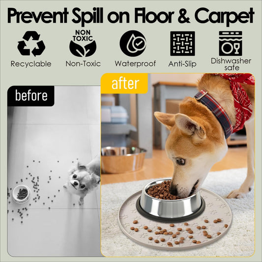 Pet Feeding Mats for Food and Water, Waterproof Anti-Slip Placemats for Dog Cat Bowl, 1 Pack Silicone Pet Food Mat, Dishwasher Safe 10.9 × 10.9 (1 Pack, Black)