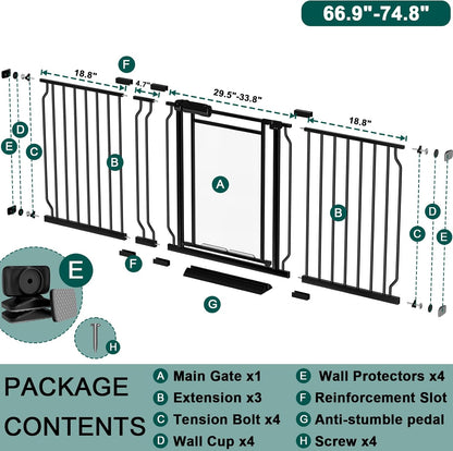 Fairy Baby Triple Lock Clear Baby Gate for Doorways, 57.6”-66.8” Extra Wide Acrylic Dog Gate for Stairs, Safety Child Gate Pressure Mounted No Drill, Auto Close Clear Pet Gate One-Hand Opening, Black