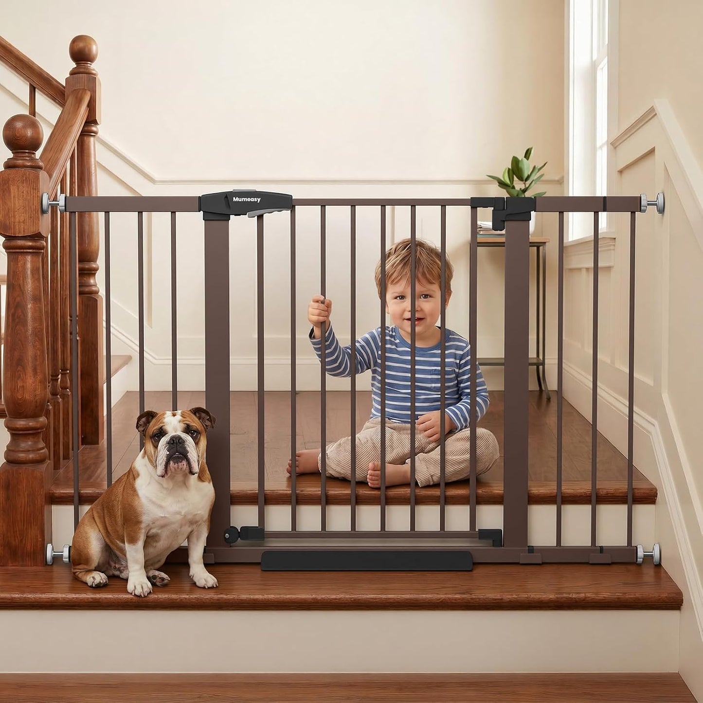 Mumeasy Baby Gate Extra Wide, 29.7-51'' Pressure Mounted Dog Gate with Walk Thru Door, Auto Close Pet Gate for House, Stairs, Doorways,Black
