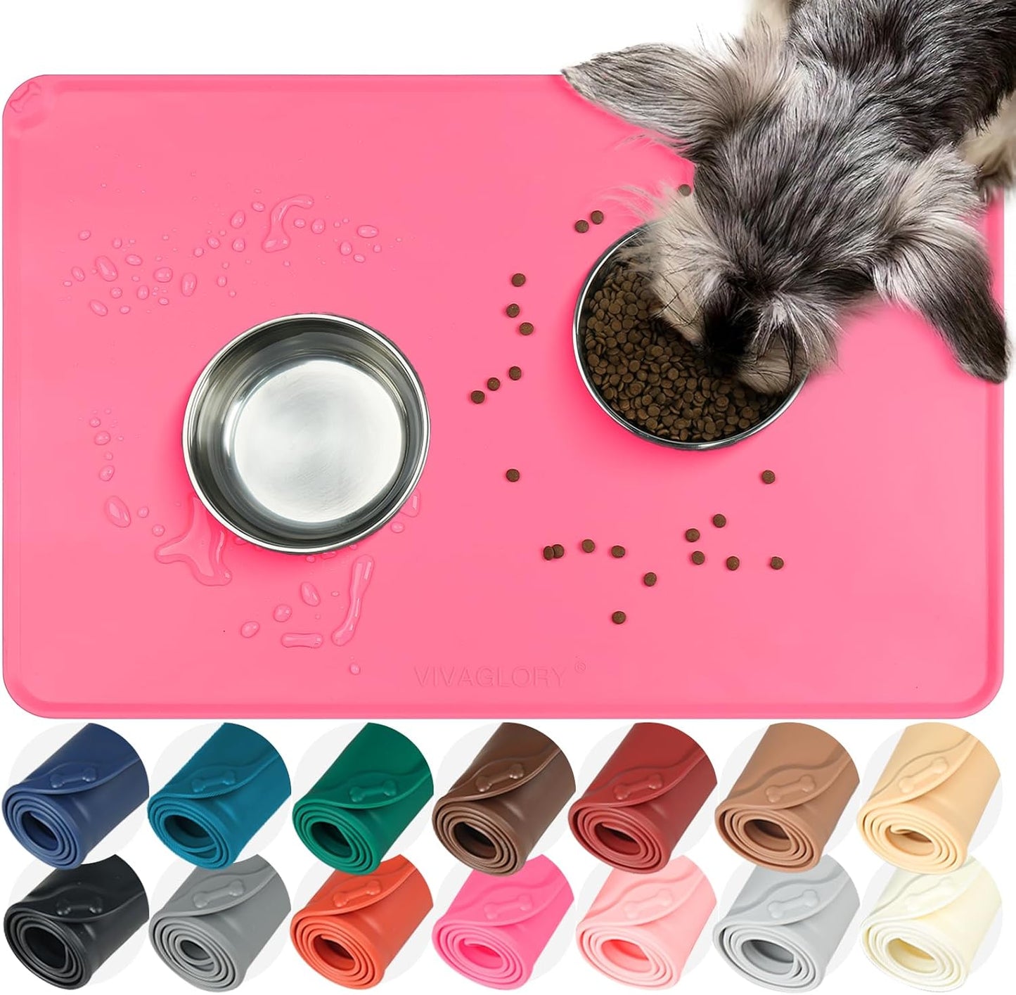VIVAGLORY Dog Food Mat Flexmat Dog Bowl Mat, Placemat Food Tray with Raised Edges & Lip for Indoor Floor, Non Slip Waterproof Silicone Dish Placemat for Cat & Pet, S, Grey