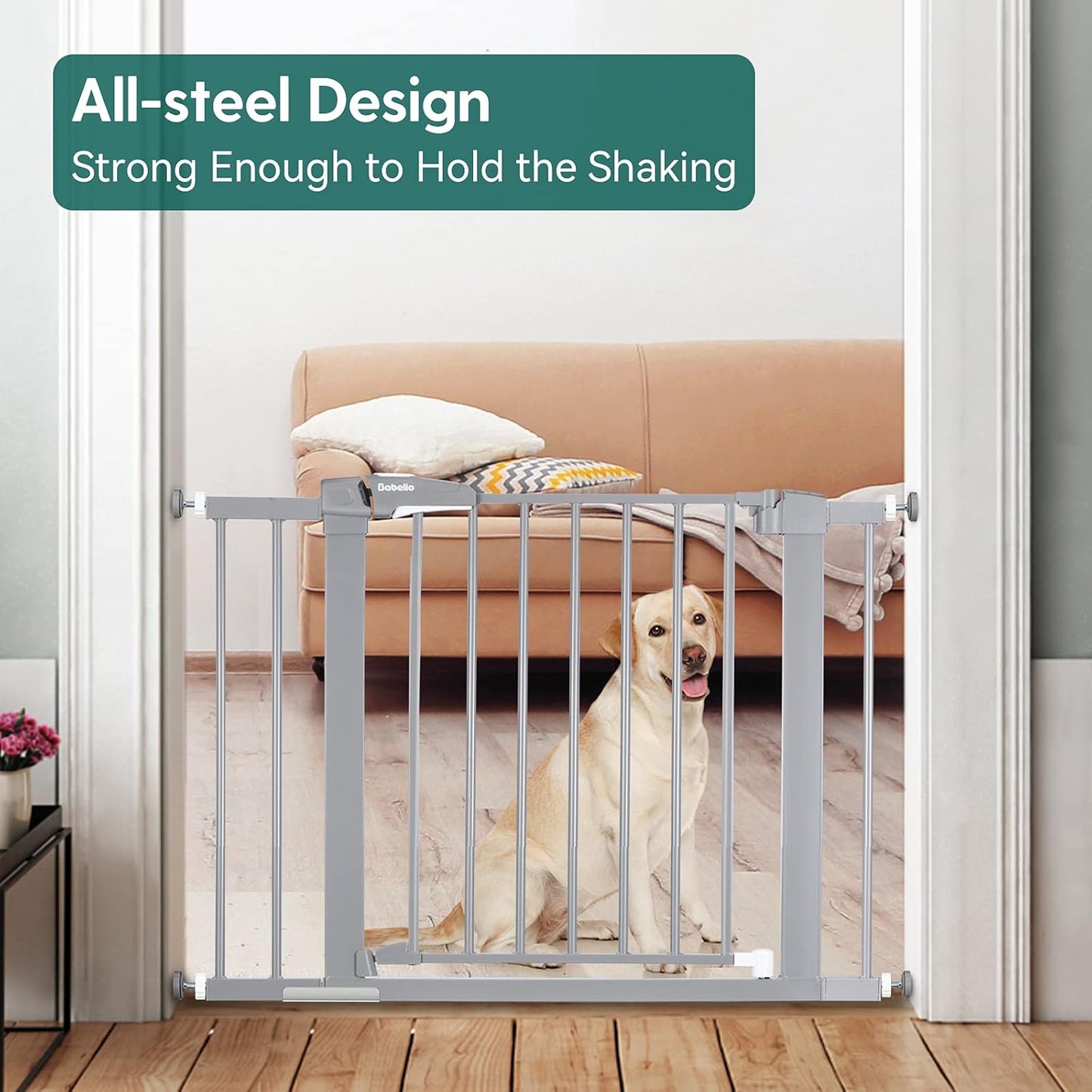 BABELIO Baby Metal Gate Extension with Wood Pattern, 5.5'' Extra Wide Pet Gate for Stairs & Doorways, Pressure Mounted Baby Gate Dog Gate, No Tools Required, 30'' Tall