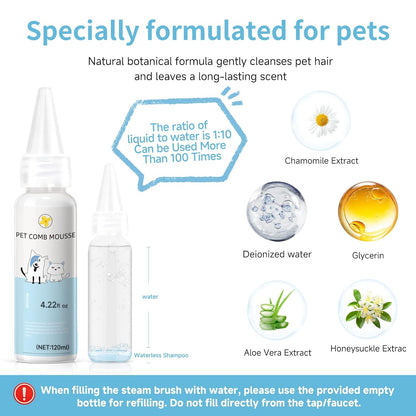 Pet Steam Brush for Dog & Cat - 3-in-1 Steam Grooming Brush for Shedding & Hair Removal - Self Cleaning Spray Comb with Mist for Long Haired Pets - Includes 1*Waterless Shampoo, Blue.