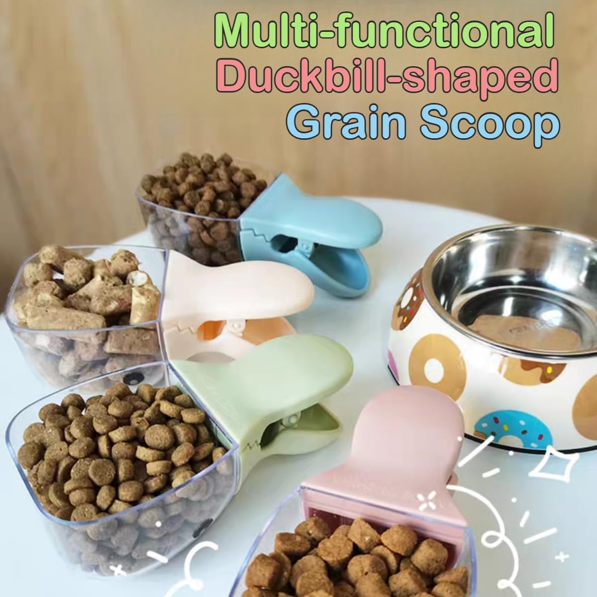 1pcs Cute Adorable Duckbill Design Grain Scoop for Dog Cat with Handle Sealing Clip Multi-functional Food Scoop (Blue)