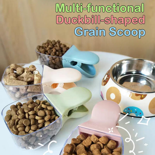 1pcs Cute Adorable Duckbill Design Grain Scoop for Dog Cat with Handle Sealing Clip Multi-functional Food Scoop (Blue)