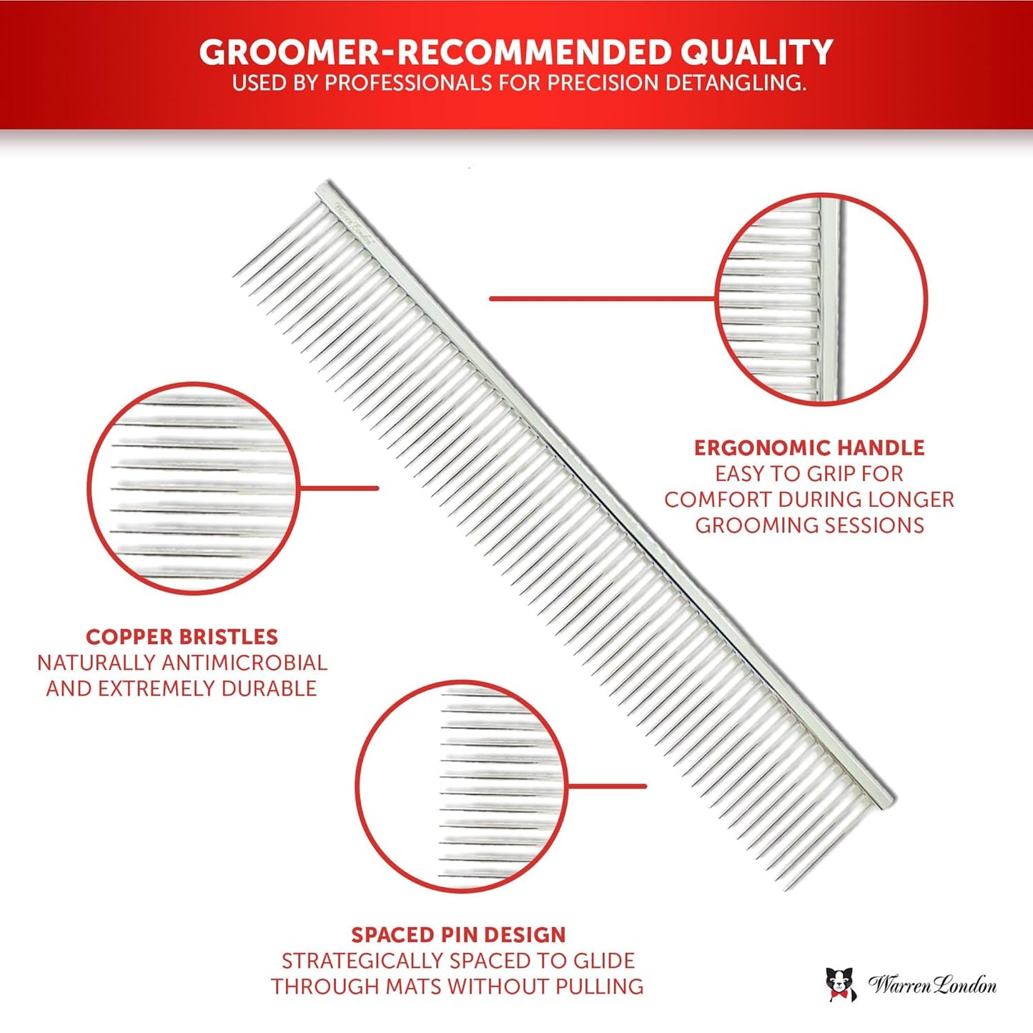 Warren London Cool Cat Greyhound Style Comb – 7.5" Professional Copper Cat Grooming Comb with Fine & Coarse Teeth, Rounded Pins for Detangling/Sensitive Skin, Deshedding & Dematting