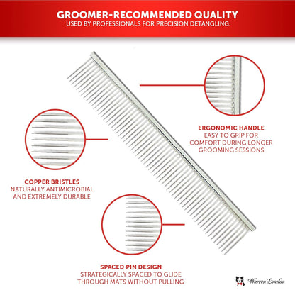 Warren London Cool Cat Greyhound Style Comb – 7.5" Professional Copper Cat Grooming Comb with Fine & Coarse Teeth, Rounded Pins for Detangling/Sensitive Skin, Deshedding & Dematting