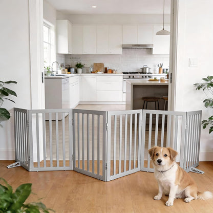 Dog Gate Indoor, Freestanding Dog Fence for The House, Doorways, Hallways,or Stairs,Pet Gate Foldable Wooden,Expandable 24" Height 3 Panels,White