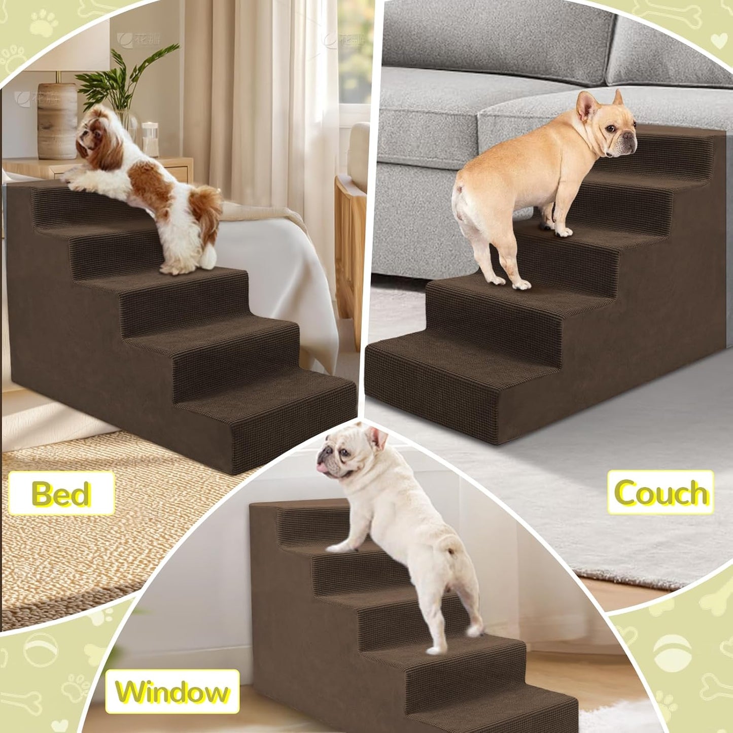 Niubya Dog Stairs for Small Dog and Cats,23”H Non-Slip Bottom Pet Steps for High Beds and Couch,Extra Wide High-Density Foam Pet Stairs Grey,5 Steps