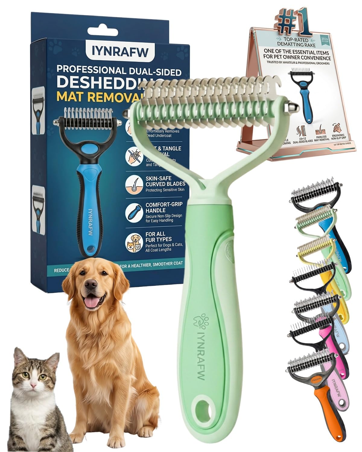 Pet Pro Grooming Tool Dual Tooth Pet Grooming Comb Undercoat Rake for Dogs Cats Long Hair Deshedding Tool Dematting Brush Double Sided Stainless Steel Teeth Remover Mats Tangles Loose Fur