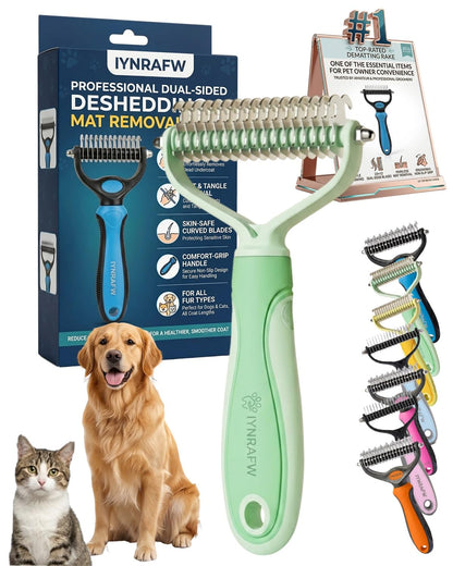 Pet Pro Grooming Tool Dual Tooth Pet Grooming Comb Undercoat Rake for Dogs Cats Long Hair Deshedding Tool Dematting Brush Double Sided Stainless Steel Teeth Remover Mats Tangles Loose Fur