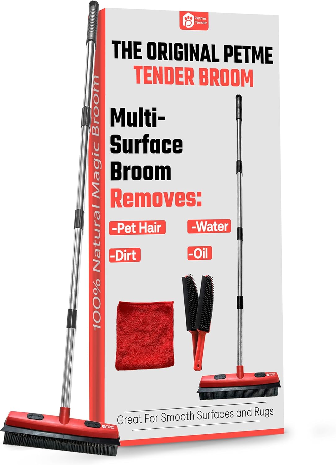 Hybrid Dog Pet Hair Removal Broom with Squeegee – Adjustable Handle Rubber Broom for Pet, Hardwood Floors, Tile, & Liquid-Dirt with 2 Portable Hair Brushes & Cloth
