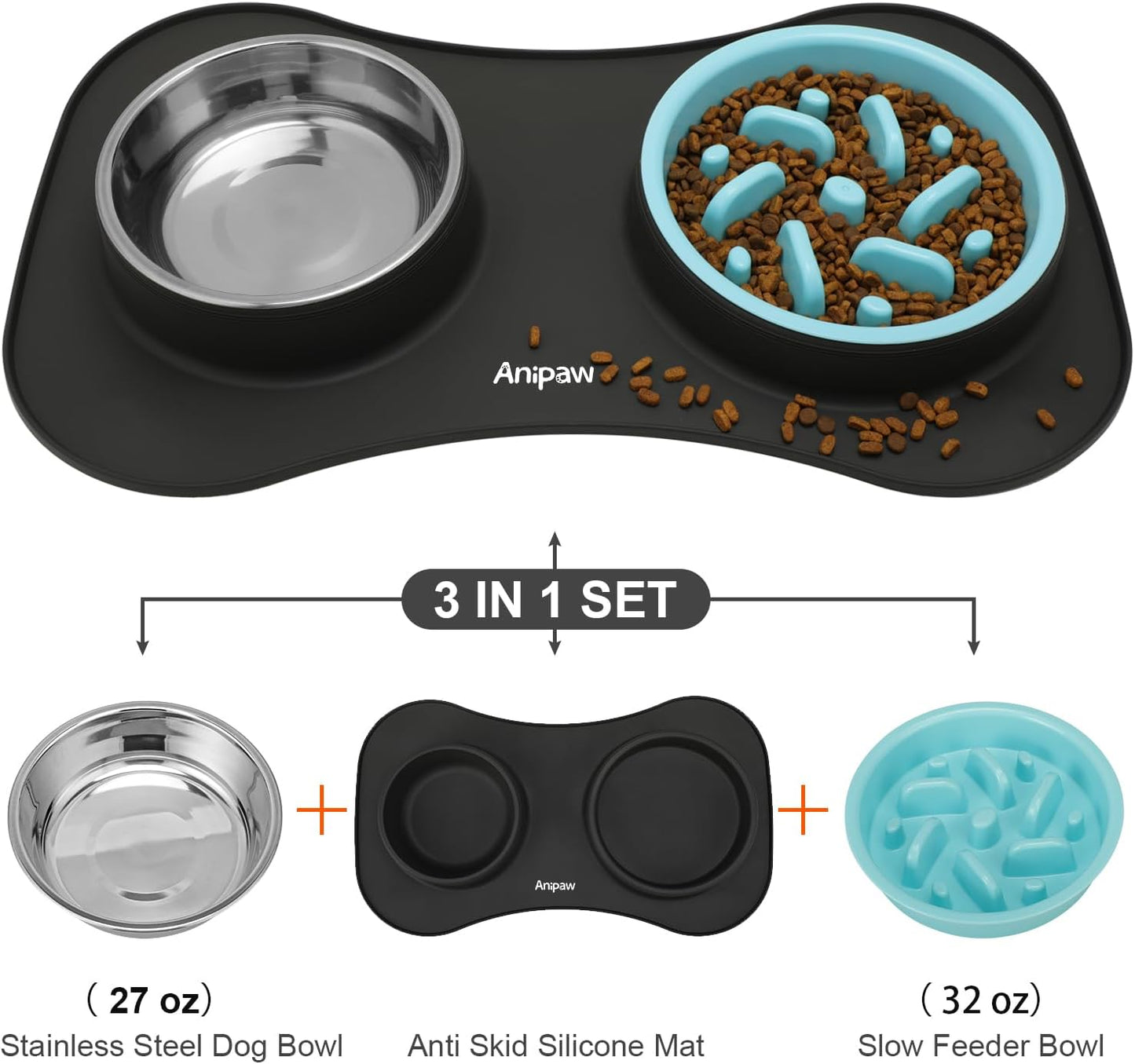 Anipaw Slow Feeder Dog Bowls 3 in 1 Stainless Steel Food and Water Bowls with Non-Spill and Skid Silicone Mat to Slow Down Eating for Large Medium Small Breed Size Dogs and Cats