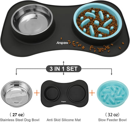 Anipaw Slow Feeder Dog Bowls 3 in 1 Stainless Steel Food and Water Bowls with Non-Spill and Skid Silicone Mat to Slow Down Eating for Large Medium Small Breed Size Dogs and Cats