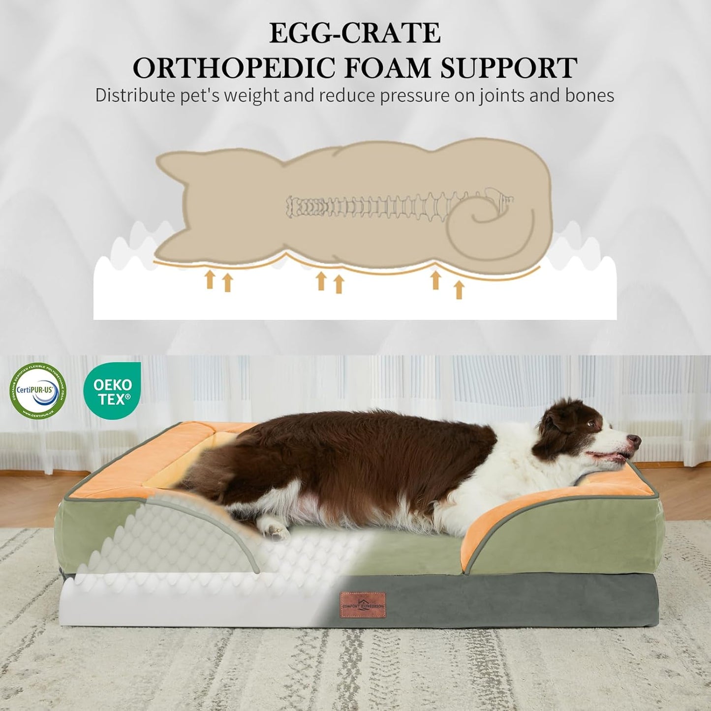 Comfort Expression Orthopedic Dog Bed for Extra Large Dogs 42x30 Inch, Waterproof Egg Crate Foam XL Pet Bed with Removable Bolsters, Dog Couch with Washable Cover & Non-Slip Bottom, Grey - Colors A