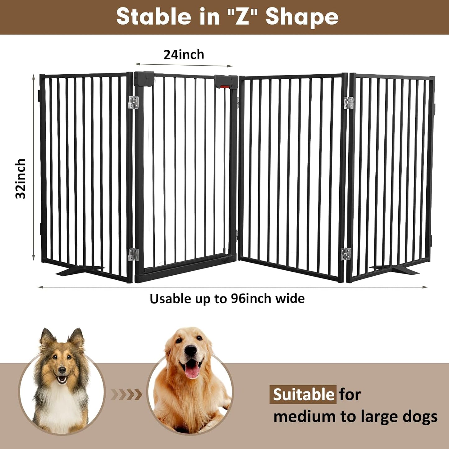Metal Freestanding Dog Gates,Extra Wide 24", 32" Height Foldable Dog Fence for Indoor & Outdoor, Heavy Duty Freestanding Pet Barrier for Stairs, Doorways, Halls, Kitchen,Yard