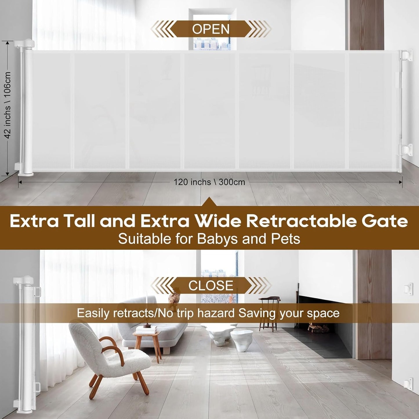 Miumoon 150 inch Retractable Baby Gates 42 inch Tall, Retractable Gate with Reinforced Strip Design to Prevent Crawling Through, 12 FT Extra Wide Retractable Dog Gate for Indoor/Outdoor